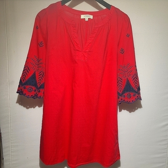 Umgee Boho Shift Dress Embroidered Sleeves Red Blue, Size Medium - Picture 10 of 10
